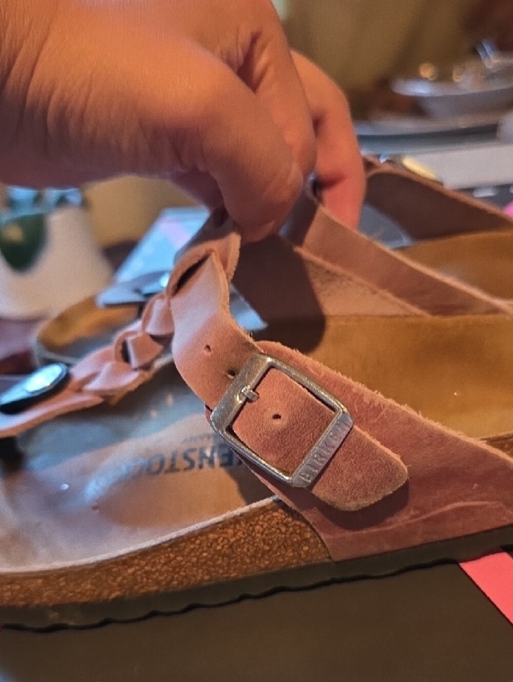 Birkenstock Pink Braided Suede Thong Sandals - Picture 3 of 10